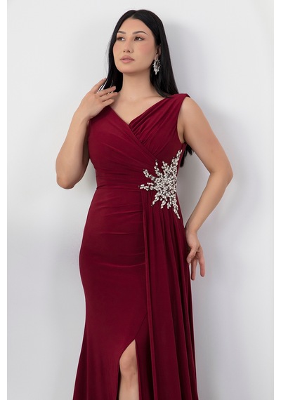 Kalopya Beli Taşlı Yırtmaçlı Abiye Elbise Ecr5301 Bordo