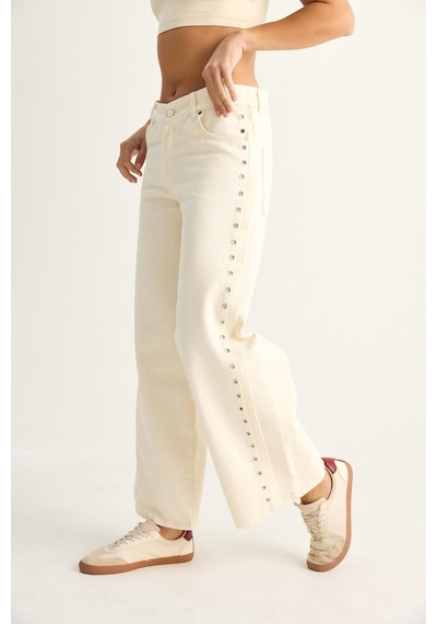 Shade Kadın Yanları Metal Detaylı Wide Leg Denim Pantolon 60282058 - Krem