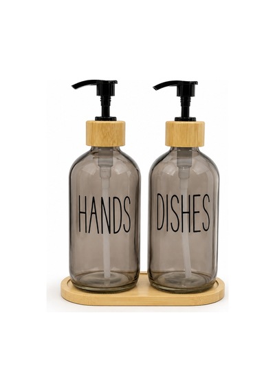 Relly Bambu Standlı İkili Cam Sabunluk Seti 2 X 500 Ml Hands & Dıshes Gri