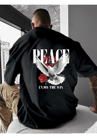 Peace Baskılı Oversize Tişört SIYAH