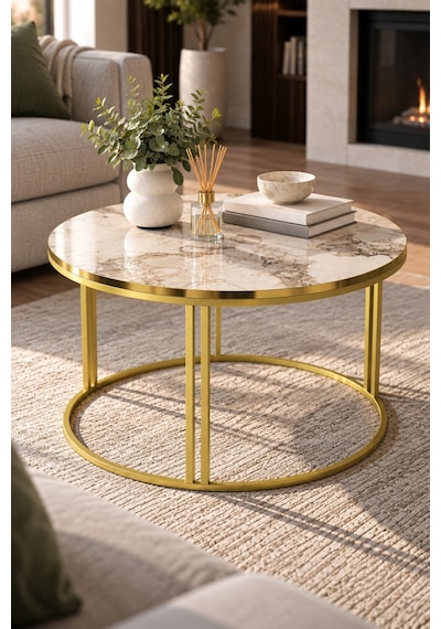 Sulorahome Efes Beyaz Mermer Desenli Yuvarlak Orta Sehpa 70 Cm Altın - Mermer