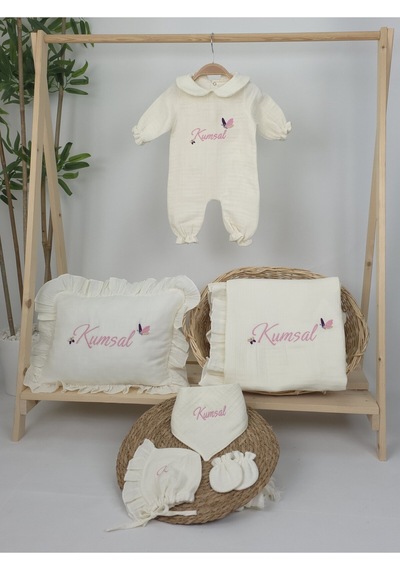 Gros Shop Müslin Yeni Doğan 4katlı Organik %100pamuk Kişiye Özgü Nakışlı Hastane Çıkış Seti Kelebek Model-2 Ekru-3