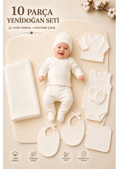 Petino Premium 10 Parça Yenidoğan Unisex Hastane Çıkış Seti %100 Pamuk Fitilli Ekru Battaniyeli Bebek Seti