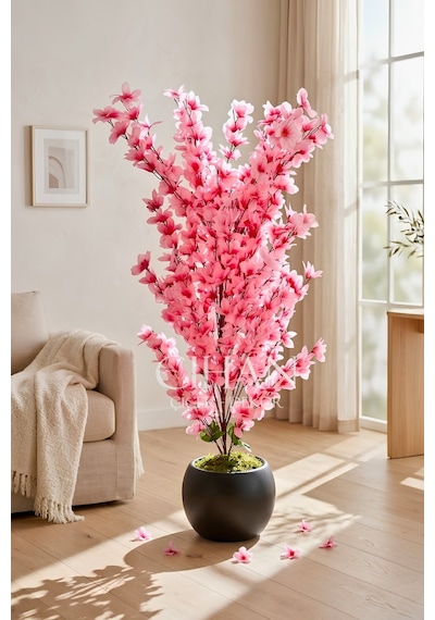 Yapay Pembe Sakura Kiraz Çiçeği Ağacı 120 Cm - Küre Plastik Saksılı 27x33 Cm Saksı Beyaz