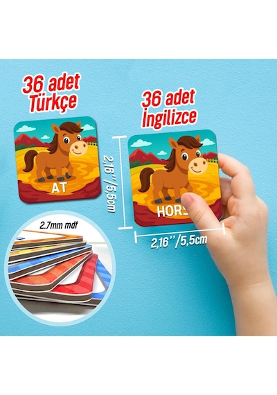 Kututr Ahşap Zeka Kartı Eşleştirme Oyunu 72 Parça Sevimli Hayvanlar İngilizce-türkçe Kartlar