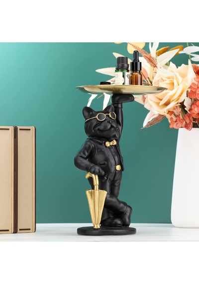 Lüks Gözlüklü Bulldog Anahtar Tepsisi Biblo Dekoratif Organizer Sehpa Ofis Ev Hediyesi 26 Cm