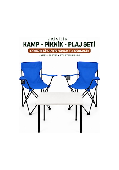 2 Sandalyeli Katlanır Kamp Masa Sandalye Seti 60x45 Cm 3 Parça Beyaz - Mavi