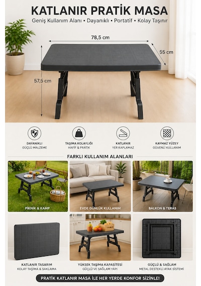 Maxi Boy Katlanır Kamp, Piknik, Balkon Ve Bahçe Masası 78,5 X 55 X 57,5 Cm Çok Amaçlı Portatif Masa Siyah