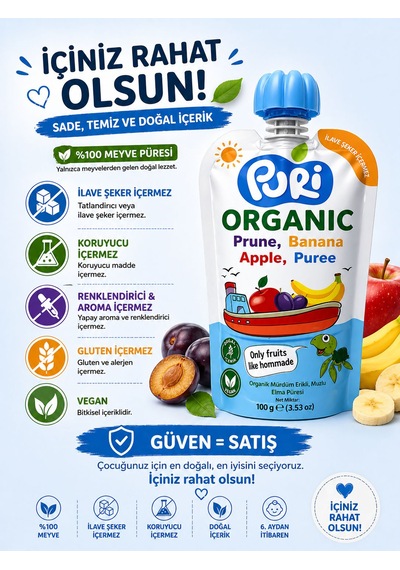 Organic %100 Organik Meyve Püresi Mürdüm Erik Muz Elma 100 G İlave Şekersiz