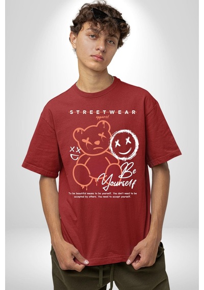 Yükseliş İçin Kendin Ol Pamuklu Bisiklet Yaka Unisex Oversize Boyfriend Dijital Baskılı Kırmızı T-shirt Kırmızı