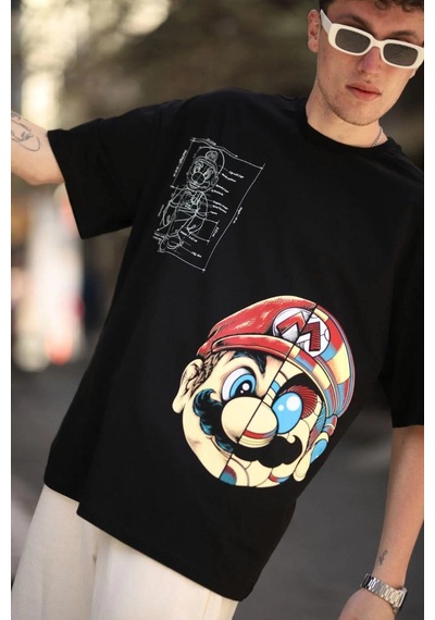 Assema Erkek Mario Baskılı T-shirt Oversize Kısa Kol Bisiklet Yaka Tişort - Siyah Çok Renkli