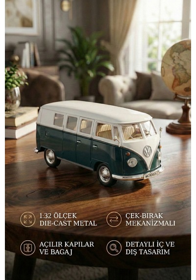 1:32 Ölçek Metal Çek Bırak Nostaljik Volkswagen T1 Minibüs Vosvos Oyuncak Araba - Yeşil 13 Cm