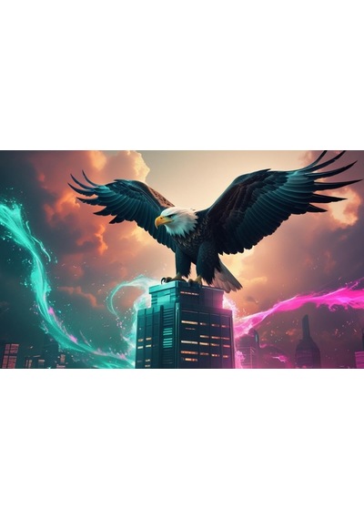 Kartal Fütüristik Bir Şehirde Neon Parıltı Stili 05 Çerçevesiz 50x30 Cm Pvc Tablo