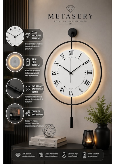 Siyah - Royal Kadran Exclusive - 3 Pil Ile Gelir Led Kristal - Modern Metal Duvar Saati