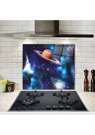 Decorita Cam Ocak Arkası Koruyucu Galaksi Desen - Renkli  52 CM x 60 CM