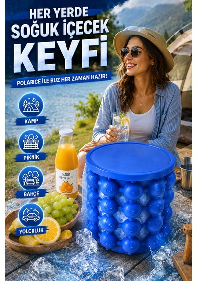 Çift Hazneli Buz Kovası İçecek Soğutucu Ice Cube Maker Genie Kapaklı Buzluk Haznesi Mavi