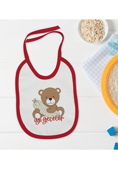 BK Kids Sevimli Ayı Tasarımlı Kırmızı Bebek Mama Önlüğü-1 Kırmızı