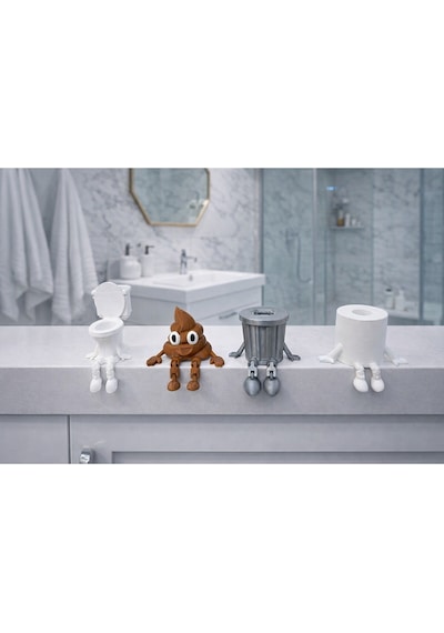 3dprototürk 4'lü Eğlenceli Banyo Dekoratif Figür Seti /tuvalet Kağıdı, Kaka Emojisi, Çöp Kovası, Klozet Aksesua