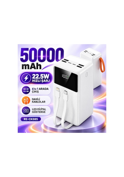 50000 Mah 22.5w Hızlı Şarj Powerbank 4 Usb Çıkışlı Dahili Kablolu Led Işıklı Dijital Göstergeli- Re-ck085 Diğer