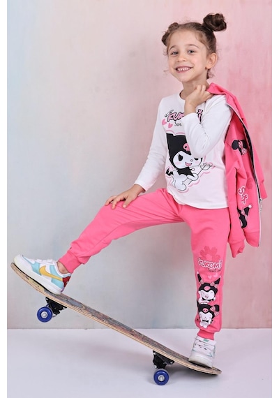 Karakter Baskılı Penye Ceketli - Penye Sweatshirt - Penye Pantolonlu Kız Çocuk 3lü Takım Fuşya