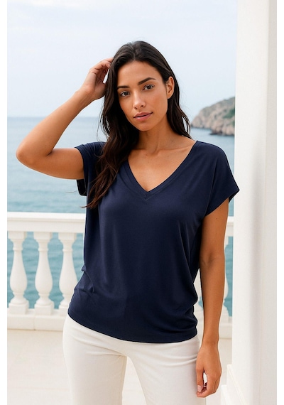 Kadın Koyu Lacivert Viskon Ön Arka V Yakalı T-shirt Yarasa Kol Relaxed Bluz Çok Renkli