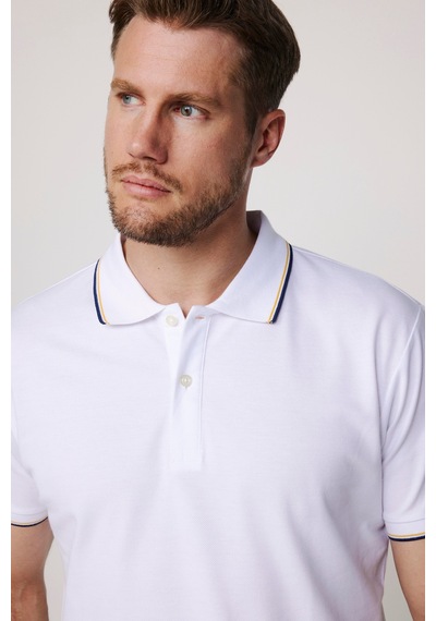 Tudors Erkek Slim Fit Dar Kesim %100 Pamuk Düz Pike Kol Şeritli Beyaz Polo Yaka Tişört-27645 Beyaz