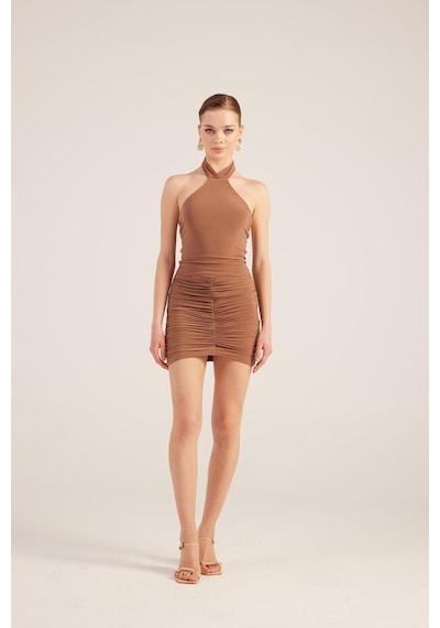 Holly Lolly Halter Yaka Büzgülü Mini Perla Elbise Kahve