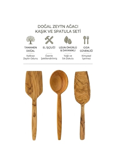 Kamptek Ahşap Zeytin Ağacı 3'lü Mutfak Seti - El Yapımı Doğal Spatula Ve Kaşık Seti Ahşap