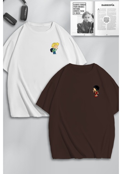 Unisex Kadın Erkek Cedric Ve Chen Baskılı Sevgili Çift Kombini Tasarım Oversize Tshirt 2'li Kahvebeyaz Mck0184 Çok Renkli