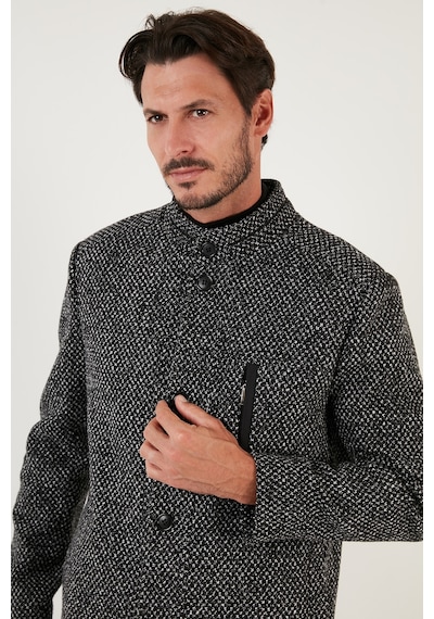 Buratti Düğmeli Dik Yaka Kırçıllı Slim Fit Kaşe Erkek Kaban 5841016 Siyah Noktalı