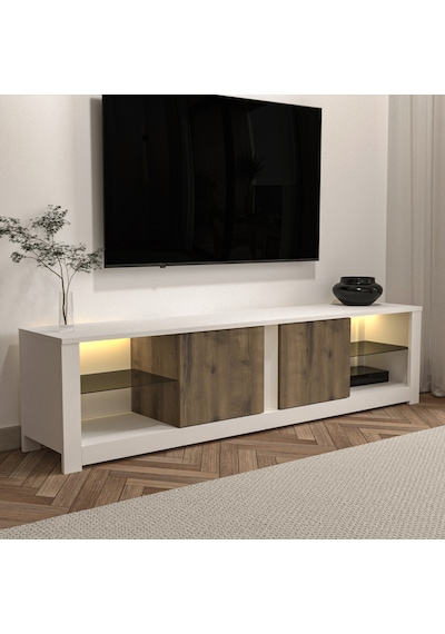 Aydos LED Işıklı Modern TV Sehpası – Cam Raflı, 2 Kapaklı, 180 cm, Beyaz/Antik Ceviz