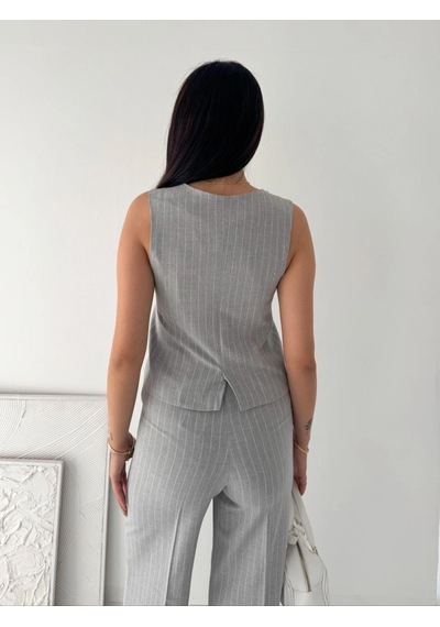 Moda Kadın Çizgili Tansel Kumaş Yelek Pantolon İkili Takım Ofis Şık Modern - Gri Çok Renkli