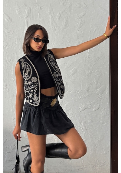 Verymoda Fitili Kadife Nakışlı Yelek Vmf2010 Siyah