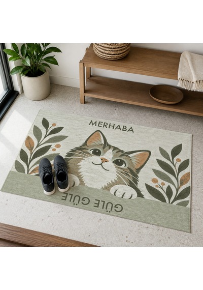 Kartela Halı Merhaba Güle Güle Kedili Kapı Paspası Adaçayı Yeşili Kaymaz Kauçuk Taban 50x75 Cm
