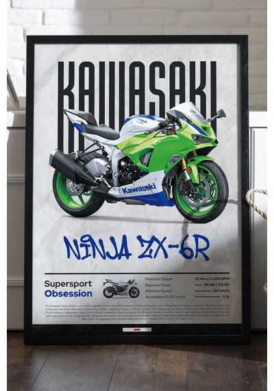 Kawasaki Ninja Zx-6 R Siyah Ahşap Çerçeveli Poster, Dekoratif Motosiklet Duvar Tablosu