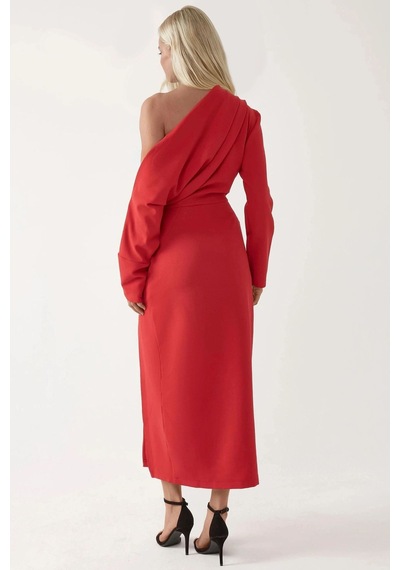 Hiccup Asimetrik Yaka Yırtmaçlı Bodycon Midi Elbise Kırmızı
