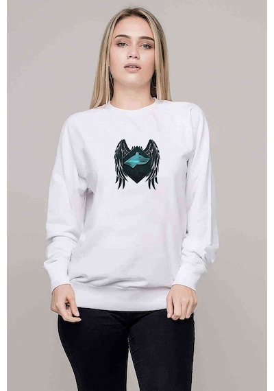 Selçuklu Mavi Kartalı Göktürk Baskılı Beyaz Kadın Sweatshirt