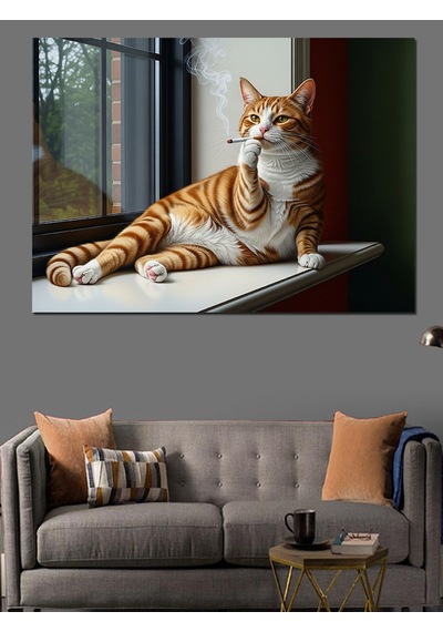 Kedi Güneşli Pencere Kenarı Dekoratif Kanvas - Mdf Ahşap Tablo
