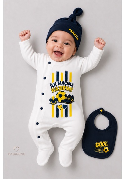 Babyden's Bebek 3 Lü Tulum Seti Sarı Lacivert Taraftar Temalı İlk Maçıma Hazırım Baskılı Yenidoğan Tulum Bere Önlük %100 Pamuk