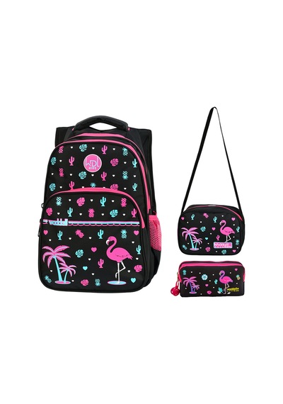 Waddell Flamingo Desenli Ilkogretim Cantasi Beslenbe Cantasi Kalemlik 3 Lu Set Siyah Pembe Siyah-pembe