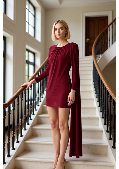 Benerly Kadın Bisiklet Yaka Uzun Kol Düz Örme Bodycon Mini Elbise Fonksiy Koyu Bordo