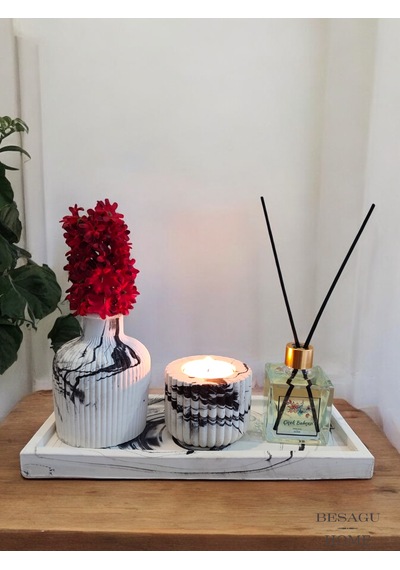 Mermer Desenli Mum Ve Vazo Seti - Vazo Oda Kokusu Tealight Mumluk Ve Mum Dikdörtgen Tepsili Beyaz - Siyah