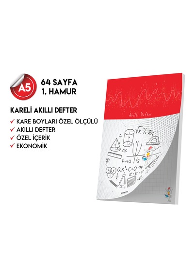 Kareli Not Defteri 64 Sayfa Akıllı Defter Tekli A5 Tam Beyaz Tekli Koyu Mavi, Kırmızı, Turuncu, Kahverengi, Mavi, Yeşil