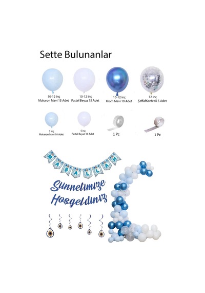 Sünnetimize Hoşgeldiniz Banner, Maşallah Banner, Nazar Boncuğu Tavan Süs Ve Balon Zincir Set Mavi