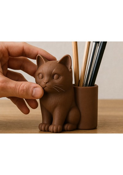 3d Baskı Kedi Figürlü Kalemlik - Masaüstü Organizer - Kahverengi renkli