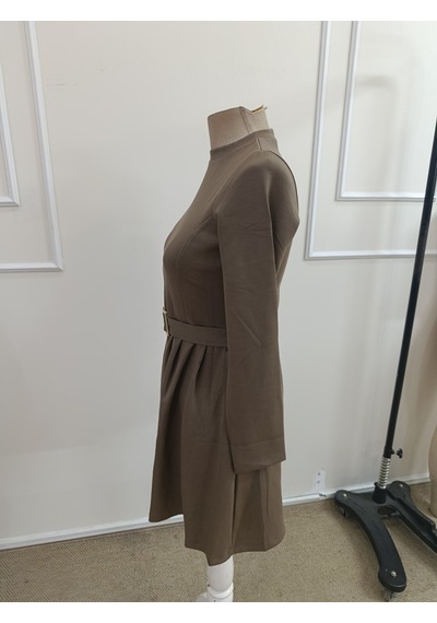 Bhrwear Kadın Uzun Kollu Yarı Balıkçı Yakalı Belinde Toka Detaylı Kısa Modal Elbise Renkli