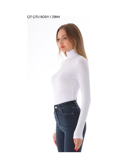 Penyebizden Kadın Viskon Tam Balıkçı Yaka Çıtçıtlı Zıbın Body-beyaz