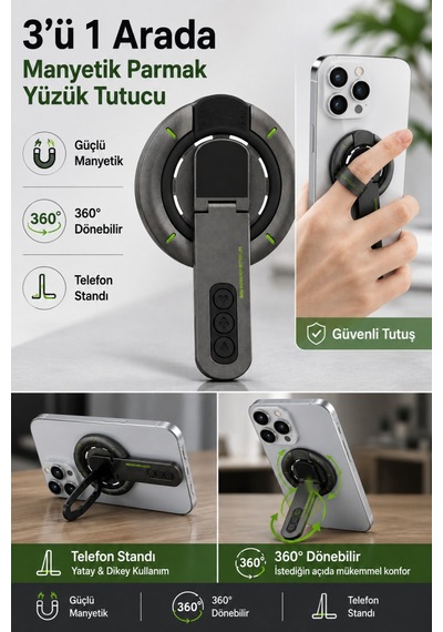 Coofbe 3'ü 1 Arada Magsafe Uyumlu Manyetik Telefon Tutucu, 360 Döner 180 Katlanabilir Parmak Yüzük Tutucu, Yatay Dikey Telefon Standı Siyah
