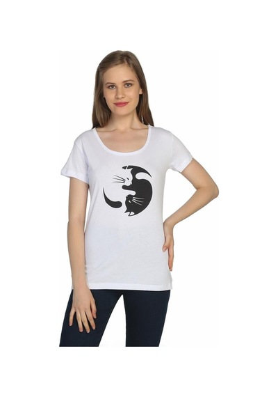 Bant Giyim - Yin Yang Kedi Beyaz Kadın T-Shirt Tişört