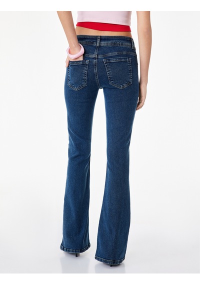 Koton Düğme Detaylı Düşük Bel Pamuklu İspanyol Paça Denim Pantolon - Flare Jeans Koyu İndigo 6sal40263md Indigo